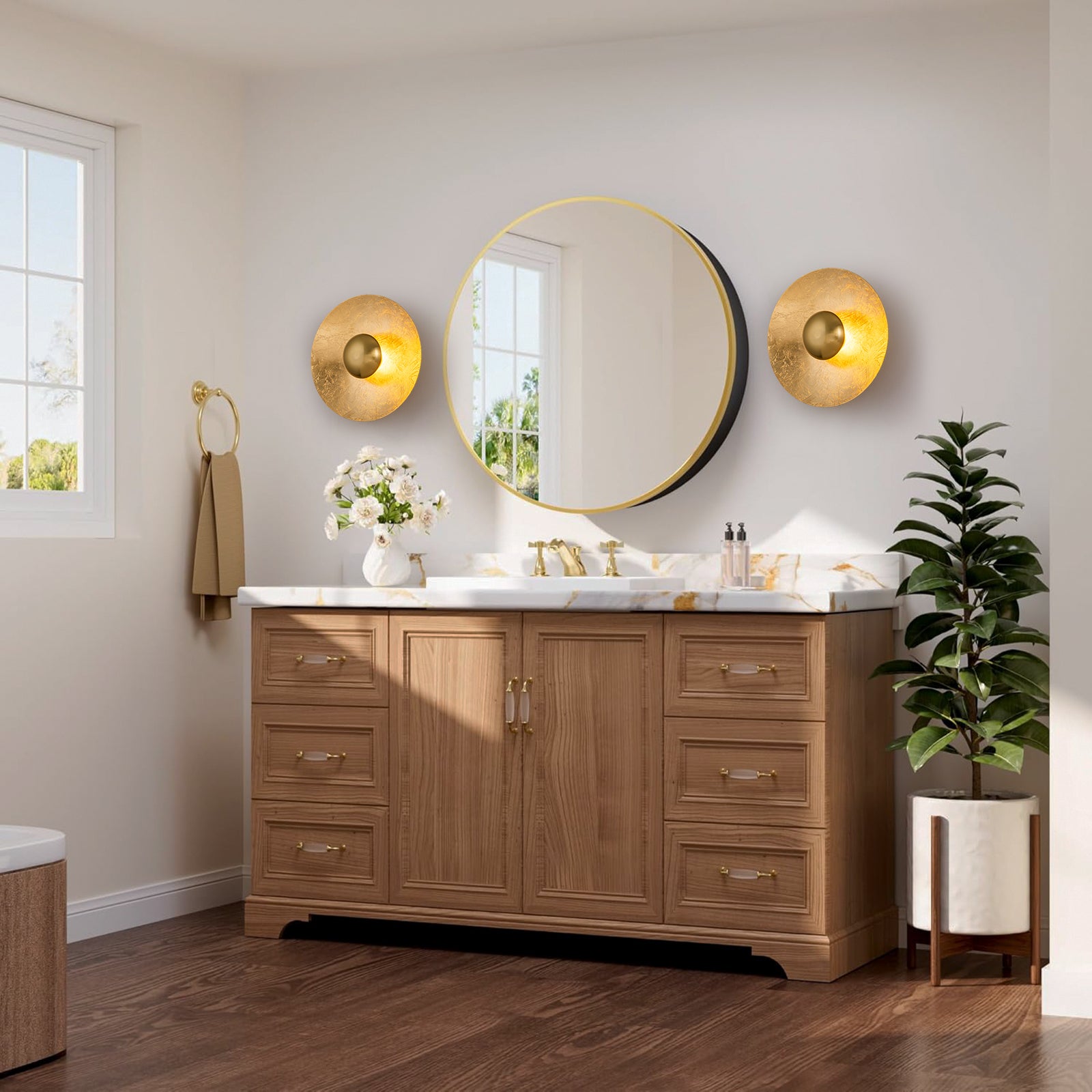 Bathroom wall lighting with gold sconces