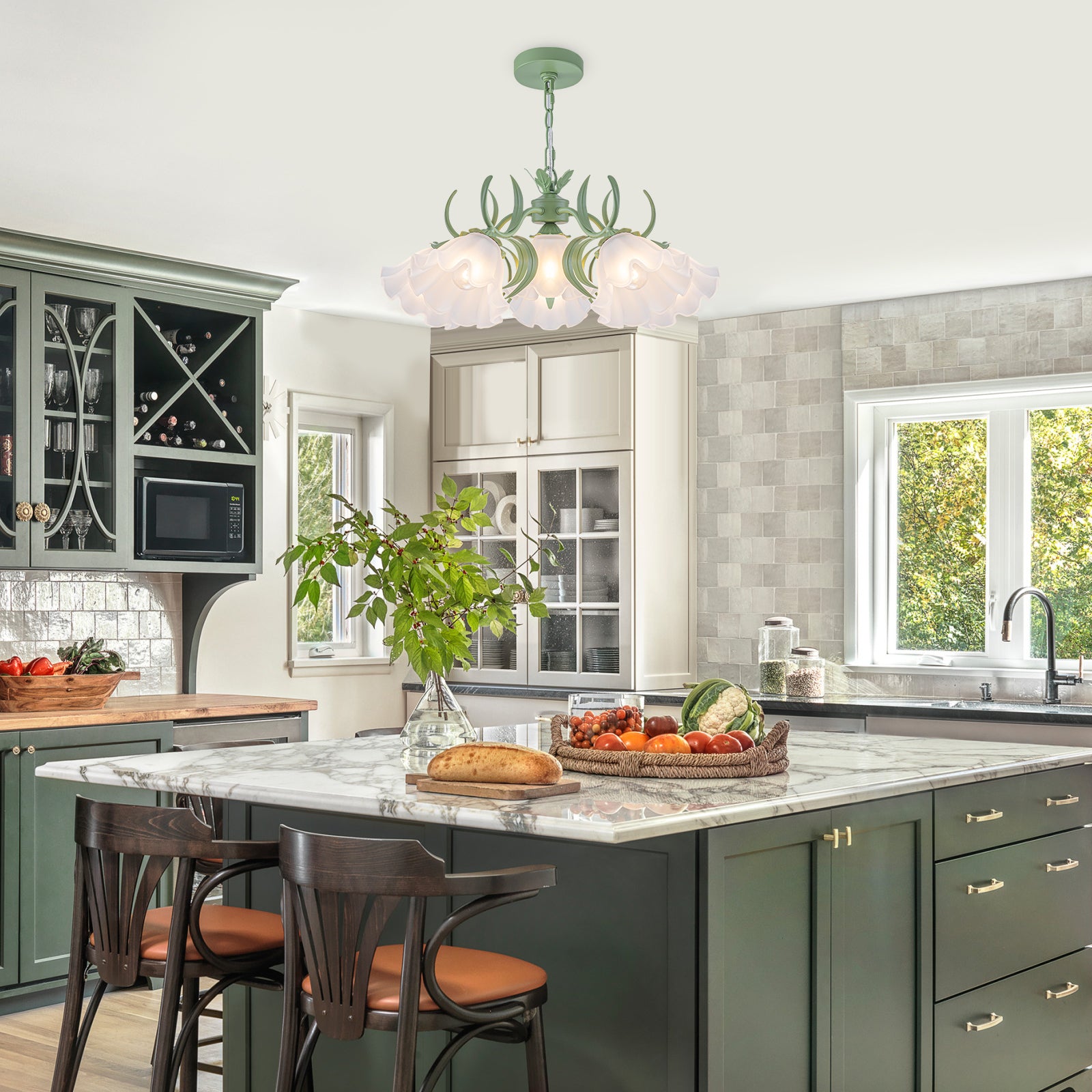 Kitchen chandelier with green frame and flower glass shades