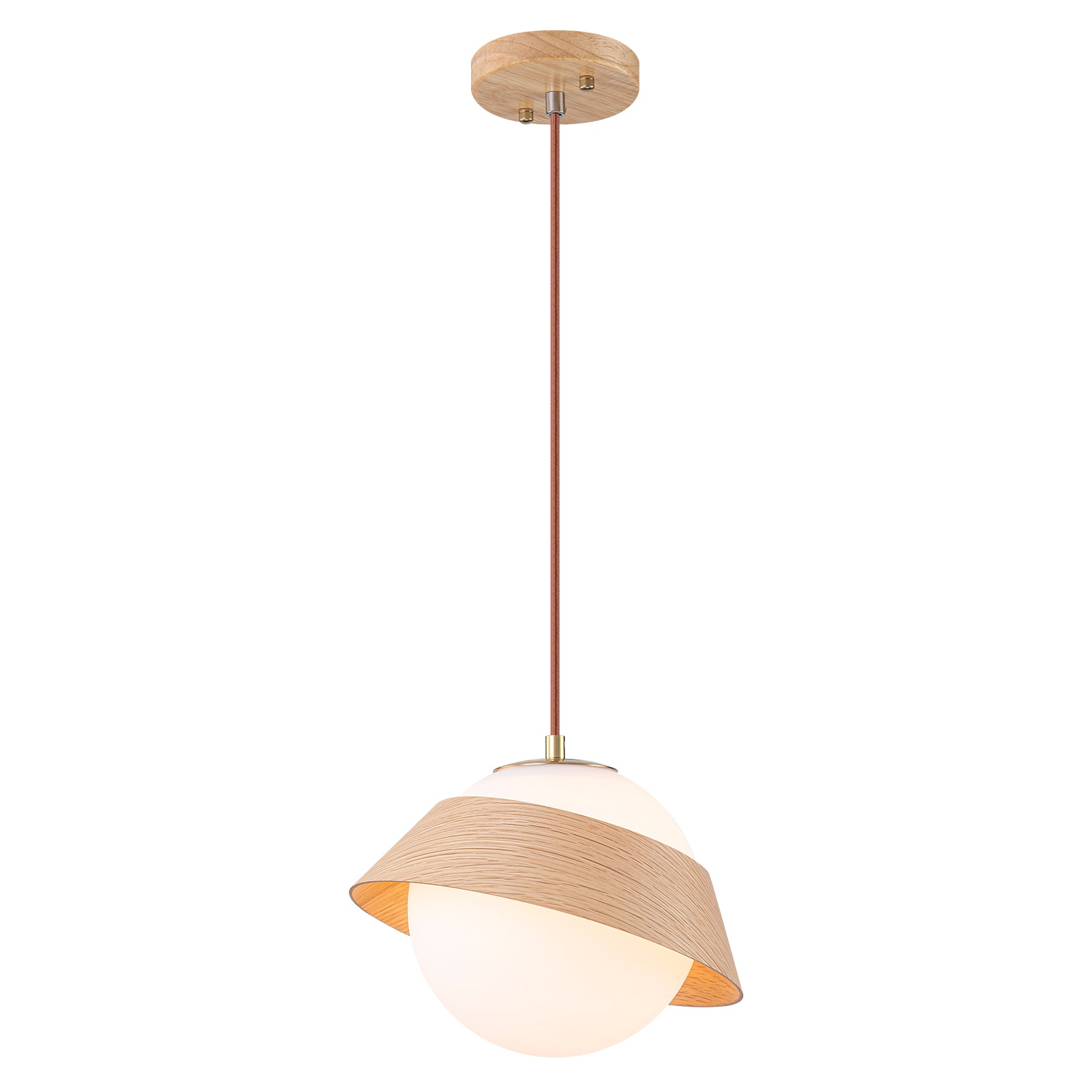 10.63 in. 1-Light Wooden Globe Hanging Pendant Light with White Glass Shade for Kitchen Island, Bedroom