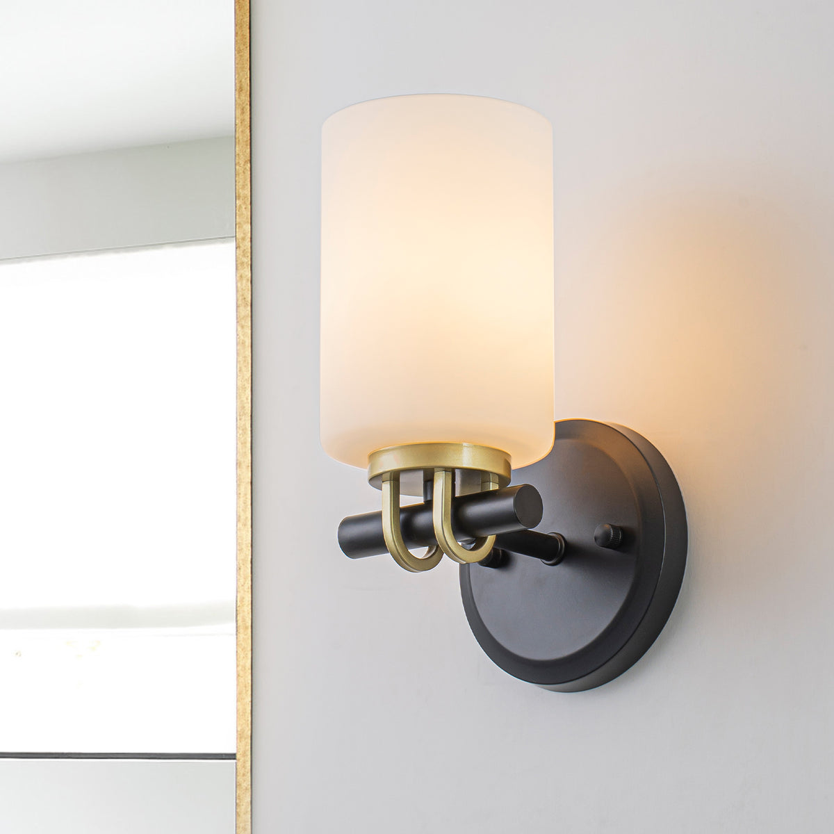 1-Light Bathroom Vanity Light Cylindrical Frosted White Glass Shade Hallway