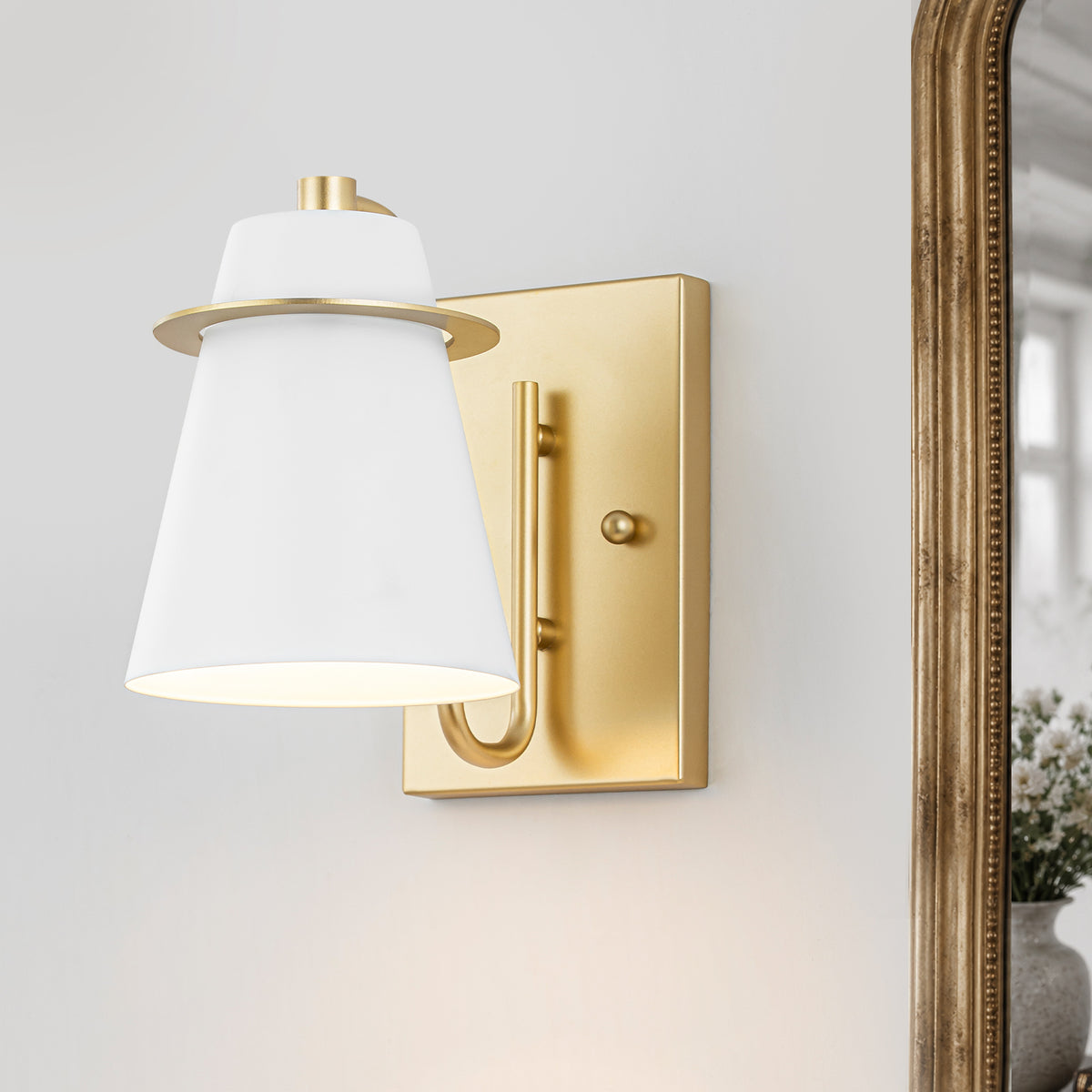 Gold Wall Sconce Matte White Conical Shade Vanity Light Hallway