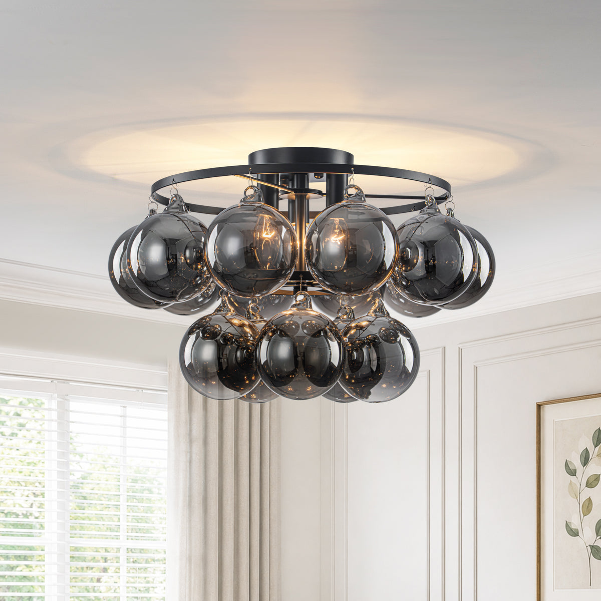 3 Light Smoked Glass Globe Chandelier Modern Flush Mount Ceiling Light for Dining Room