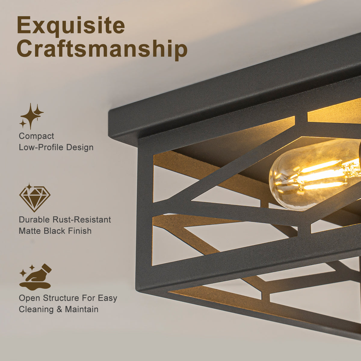 2-Light Industrial Black Flush Mount Light Dining Room Kitchen Island