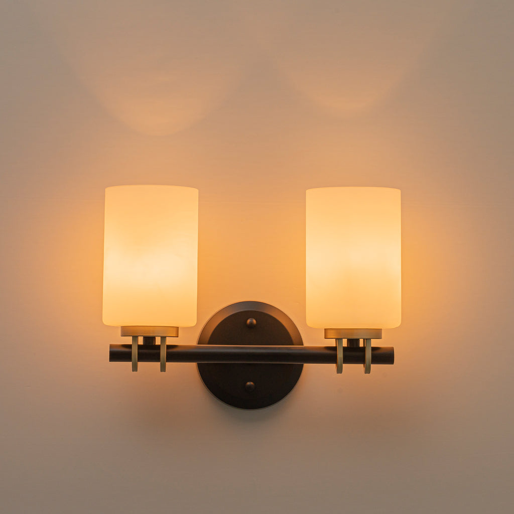 2-Light Bathroom Vanity Light Cylindrical Frosted White Glass Shade Hallway