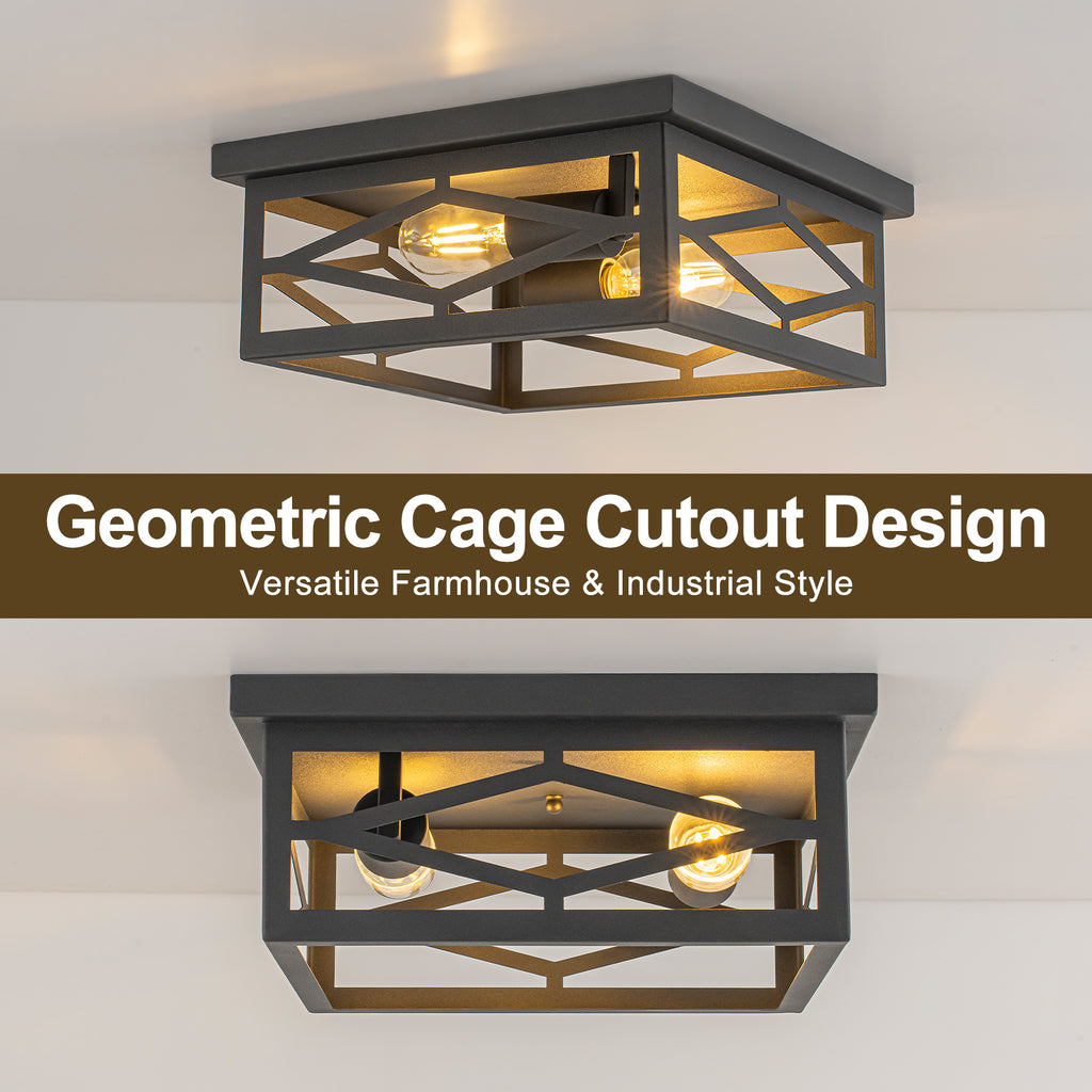 2-Light Industrial Black Flush Mount Light Dining Room Kitchen Island