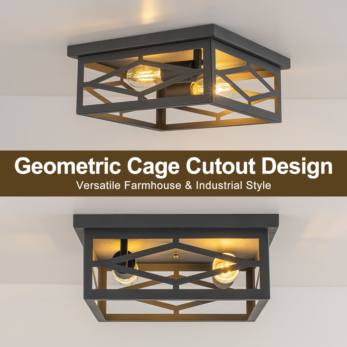 2-Light Industrial Black Flush Mount Light Dining Room Kitchen Island
