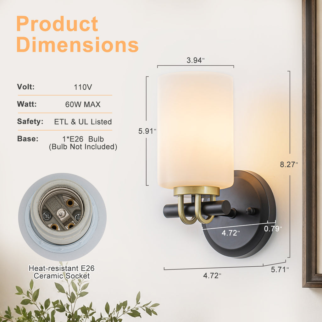 1-Light Bathroom Vanity Light Cylindrical Frosted White Glass Shade Hallway