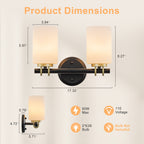 2-Light Bathroom Vanity Light Cylindrical Frosted White Glass Shade Hallway