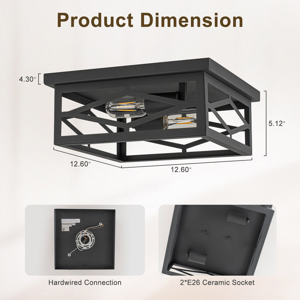 2-Light Industrial Black Flush Mount Light Dining Room Kitchen Island