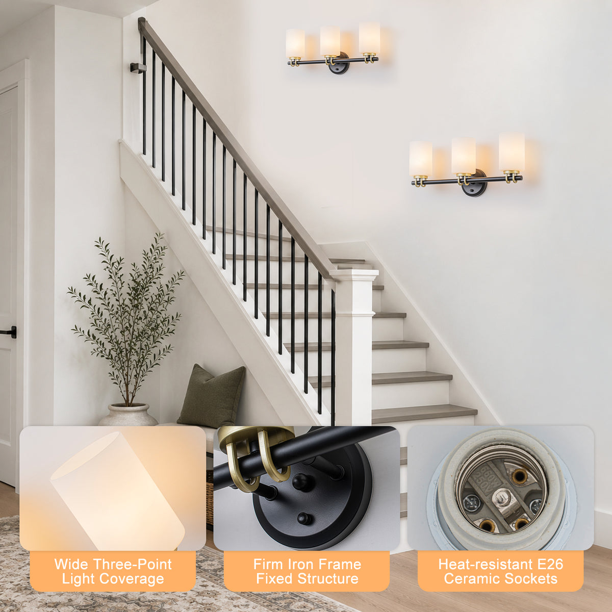 3-Light Bathroom Vanity Light Cylindrical Frosted White Glass Shade Hallway