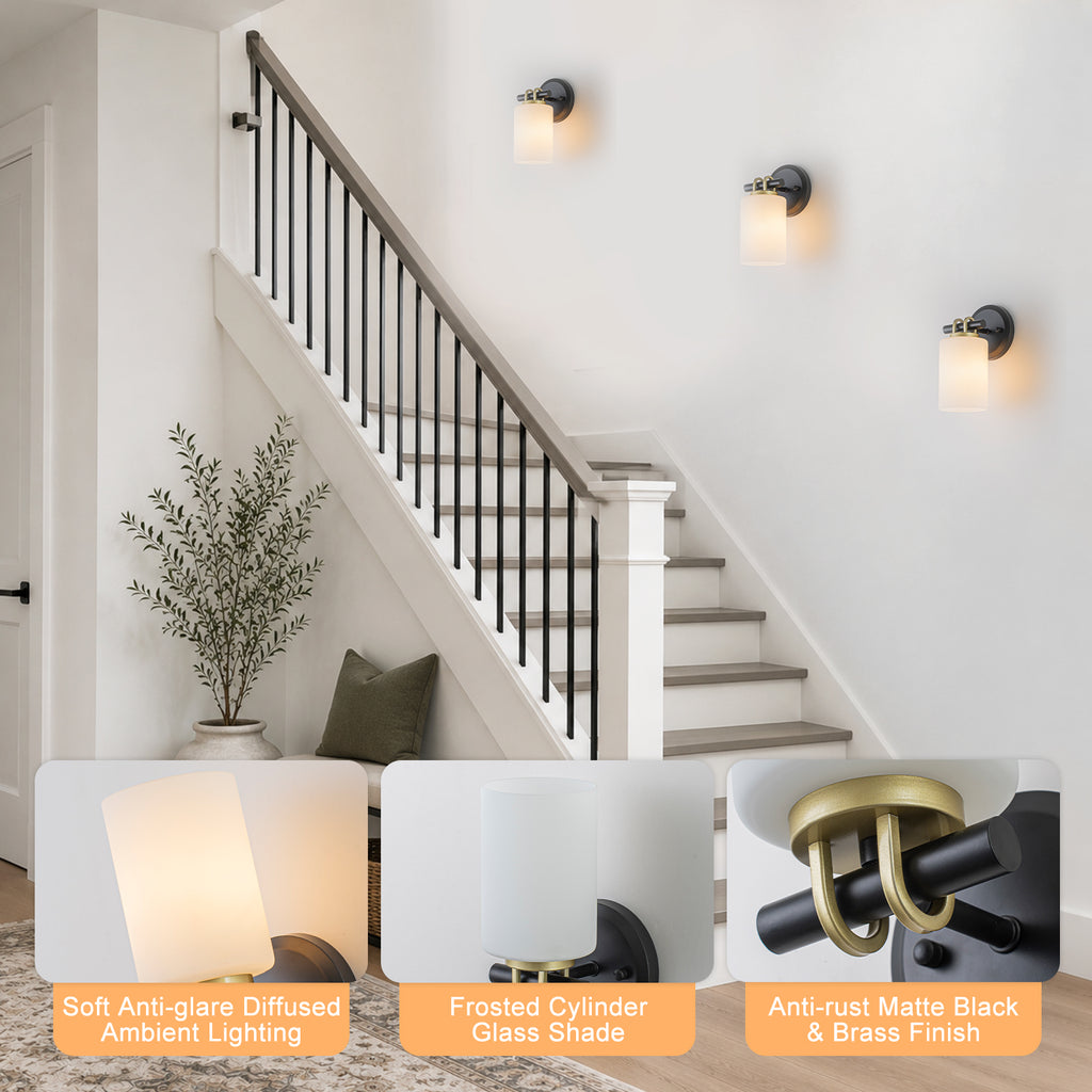 1-Light Bathroom Vanity Light Cylindrical Frosted White Glass Shade Hallway