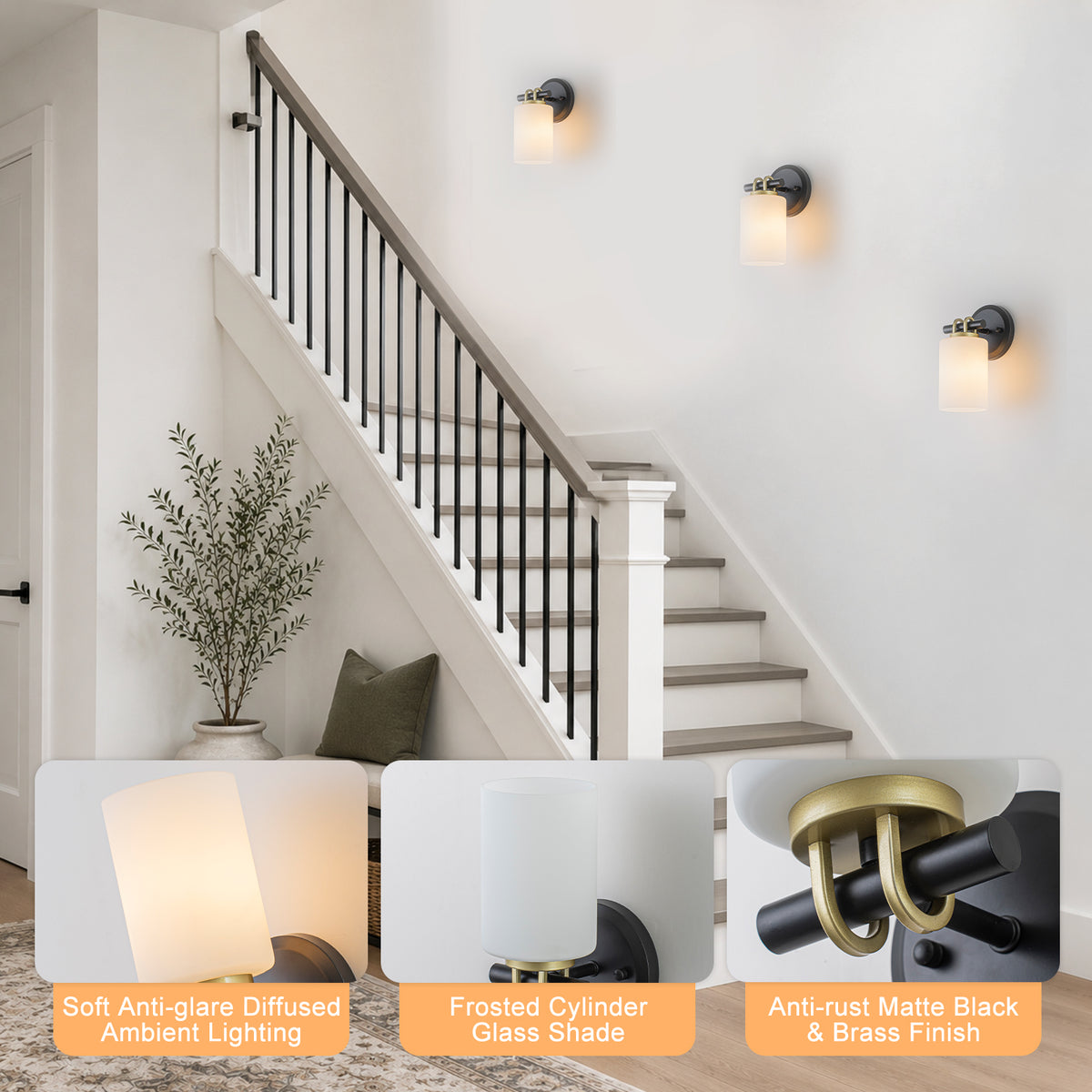 1-Light Bathroom Vanity Light Cylindrical Frosted White Glass Shade Hallway