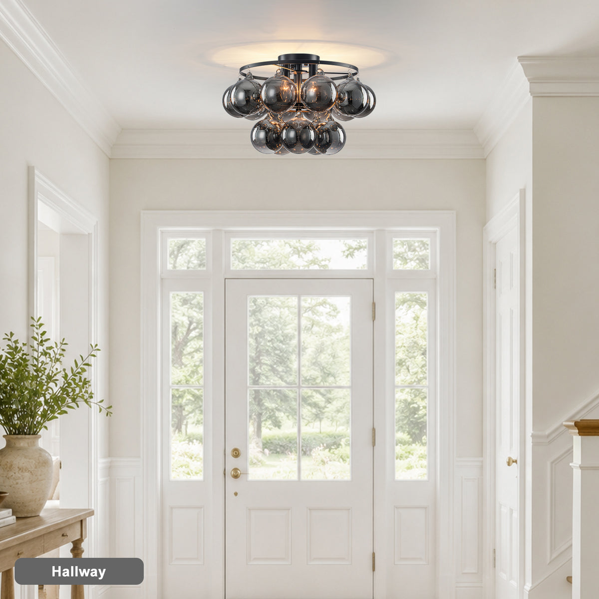 3 Light Smoked Glass Globe Chandelier Modern Flush Mount Ceiling Light for Dining Room