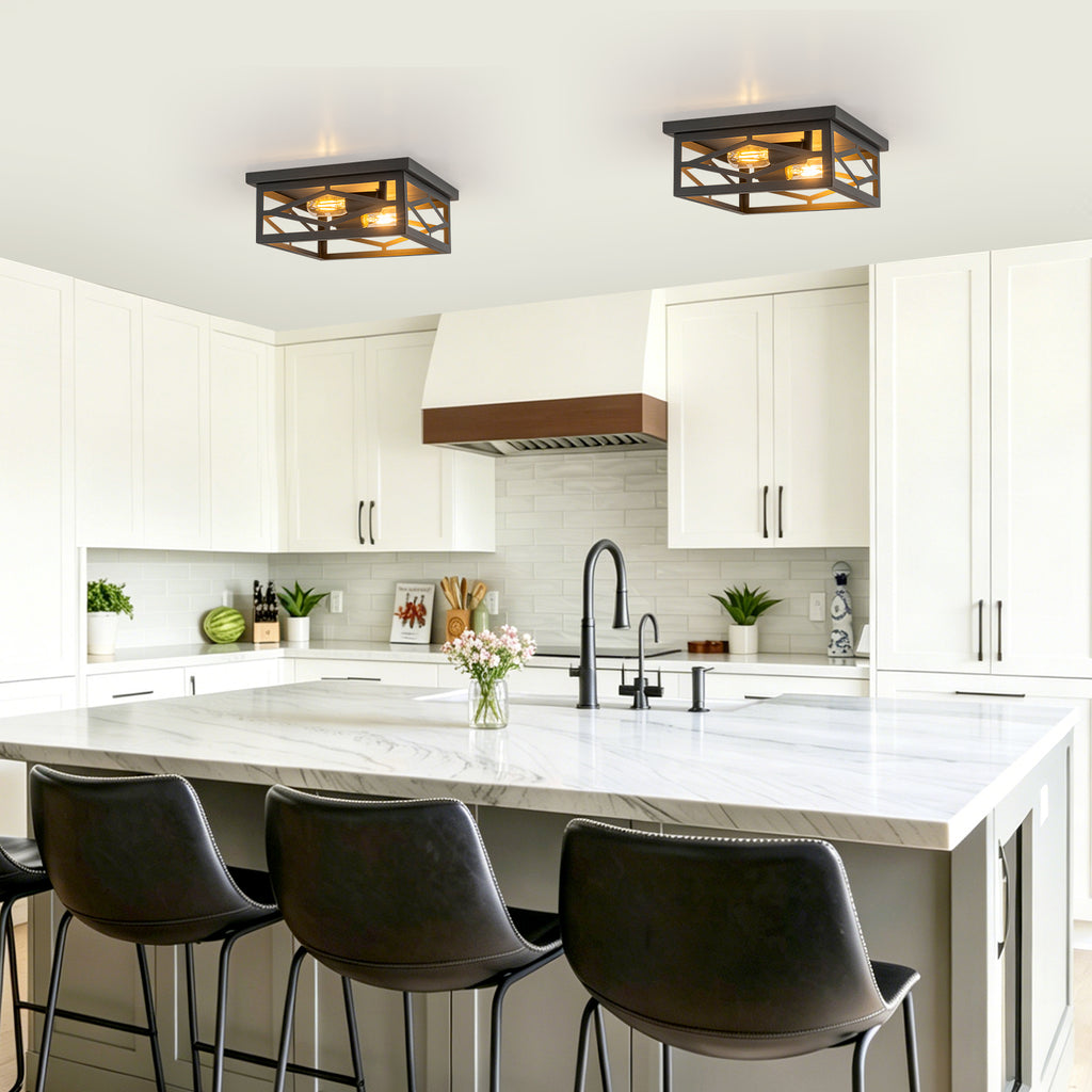 2-Light Industrial Black Flush Mount Light Dining Room Kitchen Island
