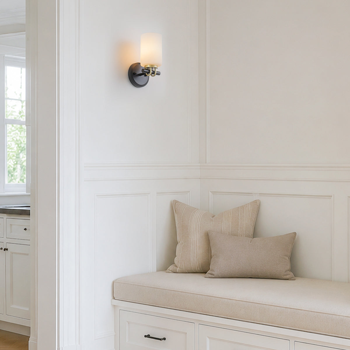 1-Light Bathroom Vanity Light Cylindrical Frosted White Glass Shade Hallway