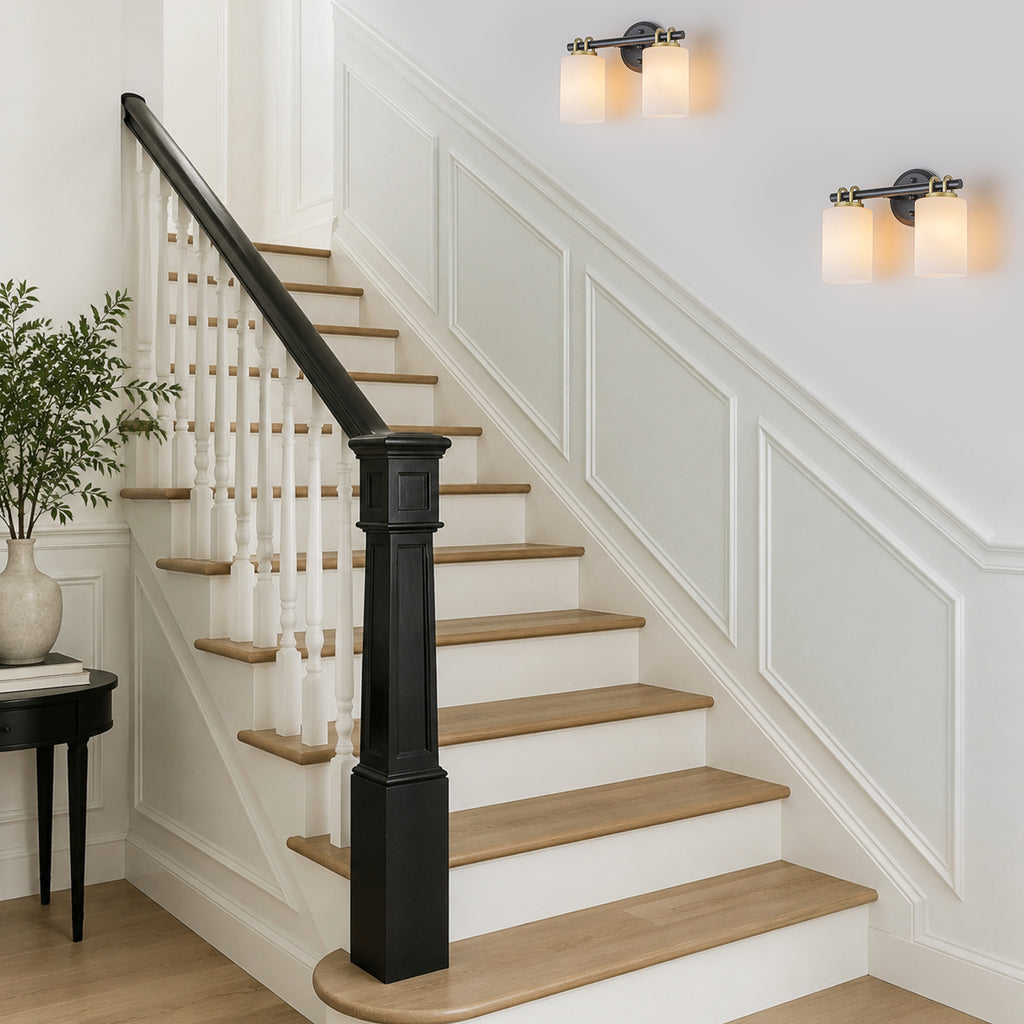 2-Light Bathroom Vanity Light Cylindrical Frosted White Glass Shade Hallway