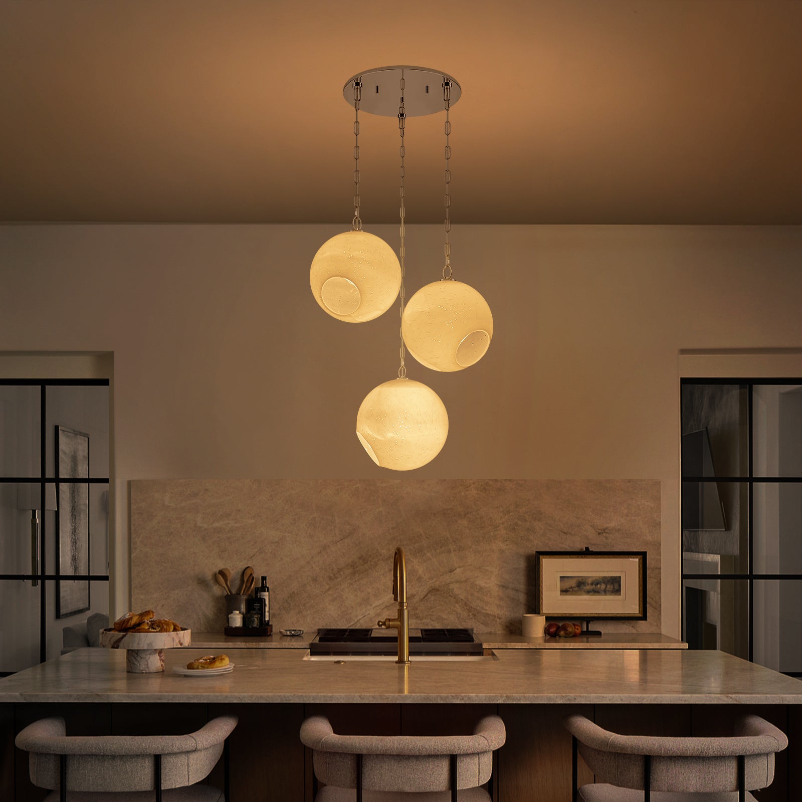 Chrome Modern Globe Hanging Pendant Light with White Bubble Glass Shade for Kitchen Island, Dining