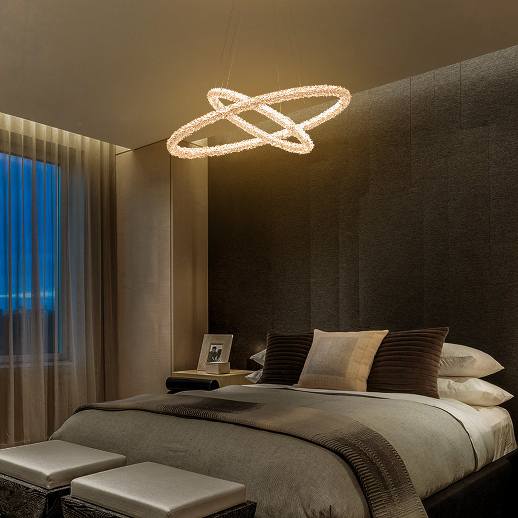 2-Light Modern Gold Double Ring Dimmable Integrated LED Chandelier Tiered Pendant Light with Crystal for Dining Room