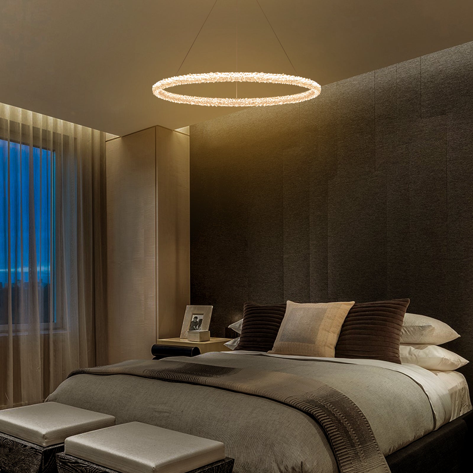 1-Light Modern Gold Metal Ring Crystal Integrated LED Pendant Light Dimmable Chandelier for Dining Room
