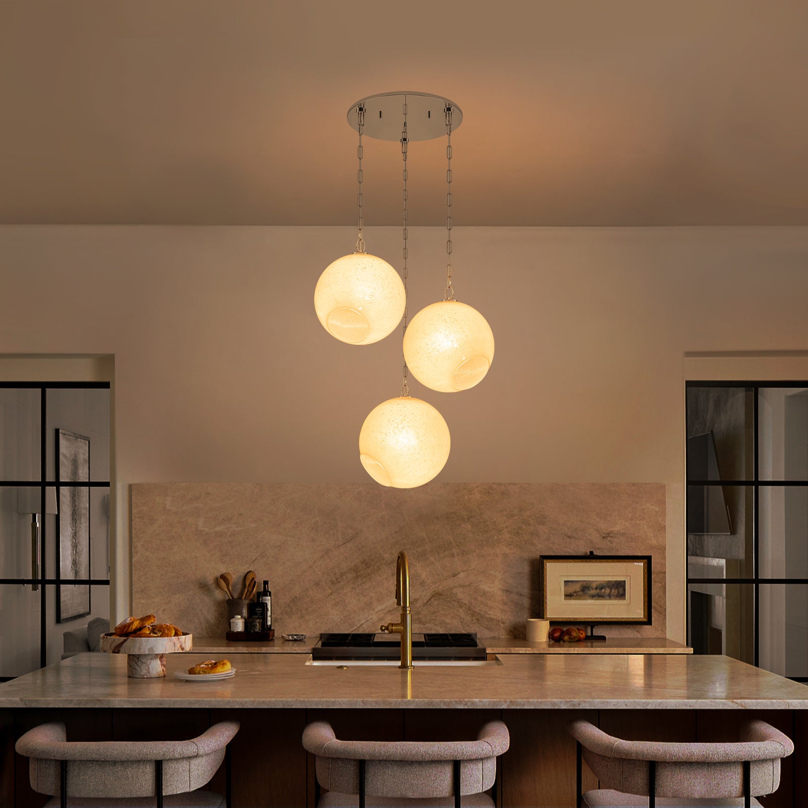 Chrome Modern Globe Hanging Pendant Light with White Bubble Glass Shade for Kitchen Island, Dining