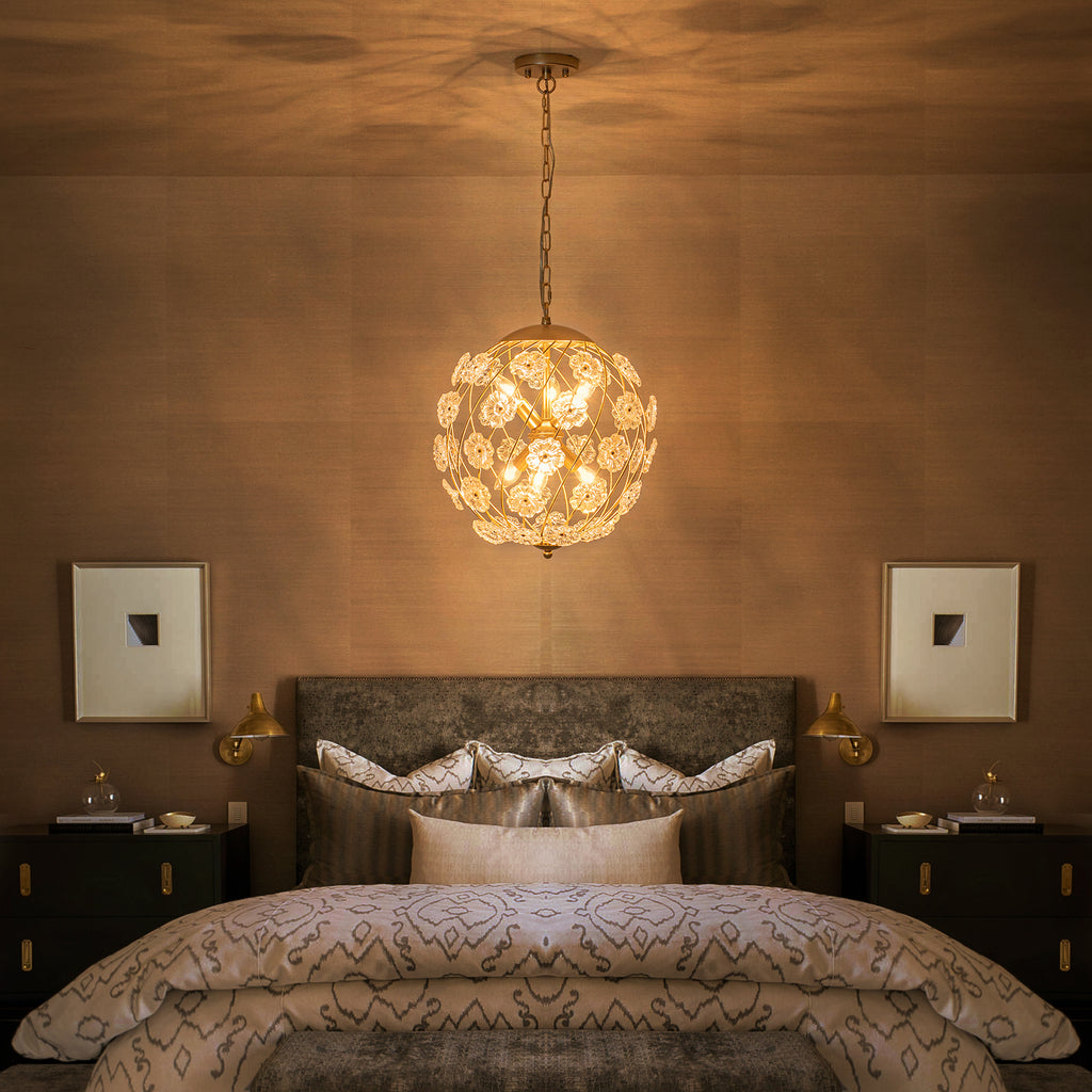 6-Light Modern Metal Gold Globe Cage Chandelier with Glass Flower Shade for Living Room, Dining, Bedroom
