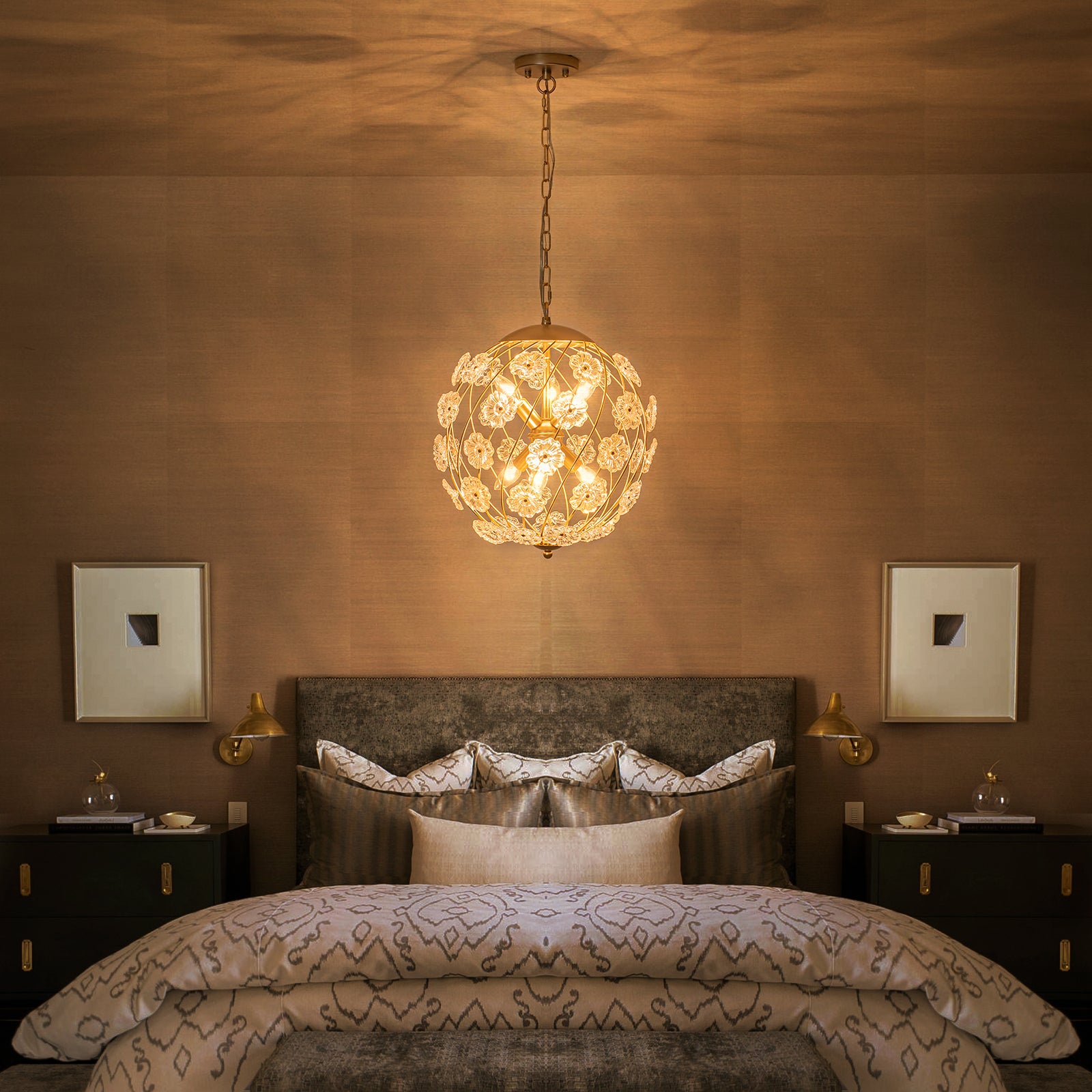 6-Light Modern Metal Gold Globe Cage Chandelier with Glass Flower Shade for Living Room, Dining, Bedroom