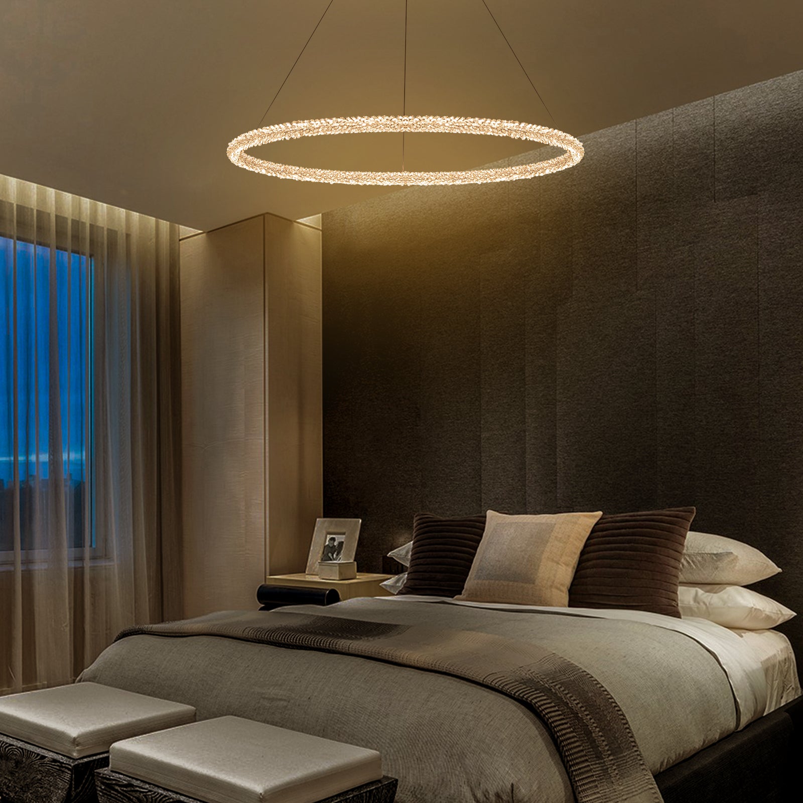 1-Light Modern Gold Metal Ring Crystal Integrated LED Pendant Light Dimmable Chandelier for Dining Room
