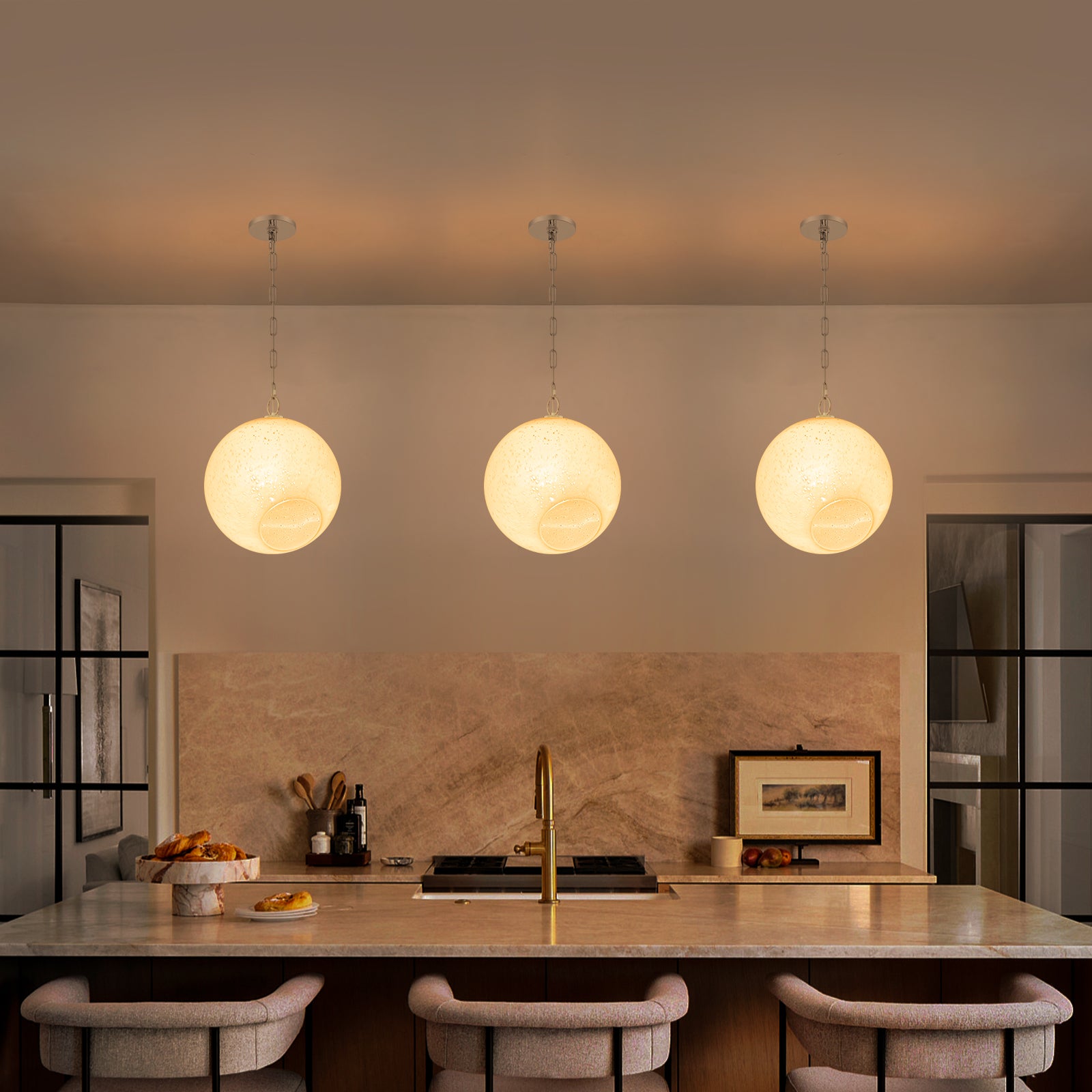 Chrome Modern Globe Hanging Pendant Light with White Bubble Glass Shade for Kitchen Island, Dining