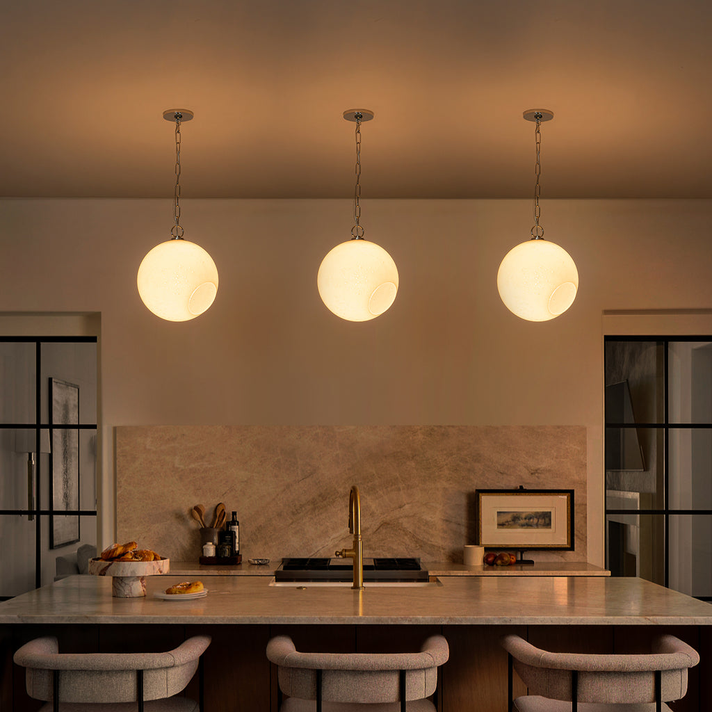 Chrome Modern Globe Hanging Pendant Light with White Bubble Glass Shade for Kitchen Island, Dining