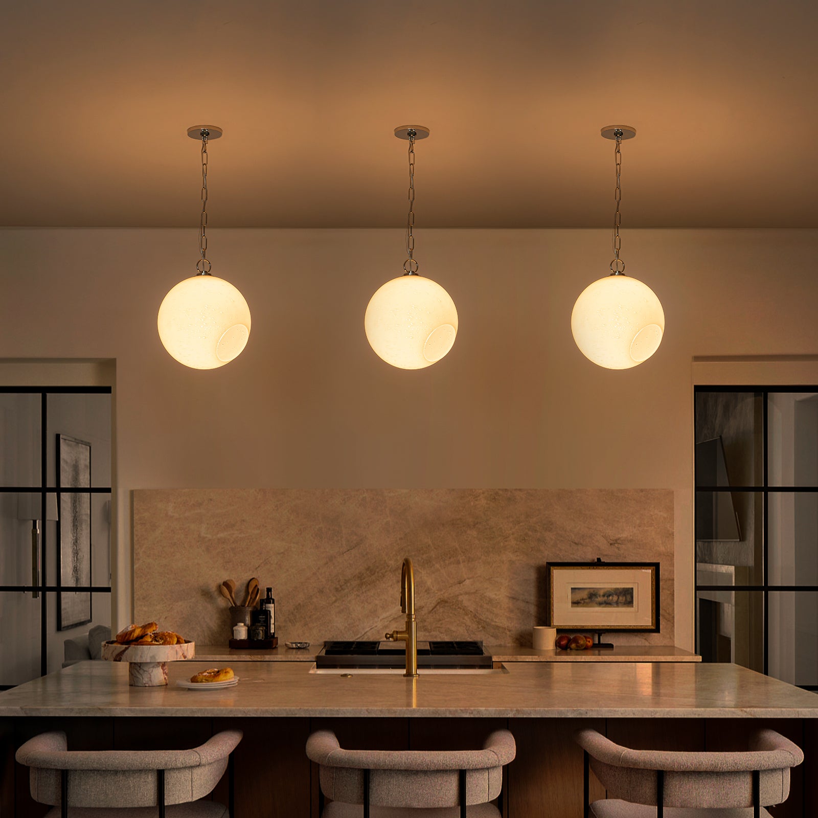 Chrome Modern Globe Hanging Pendant Light with White Bubble Glass Shade for Kitchen Island, Dining