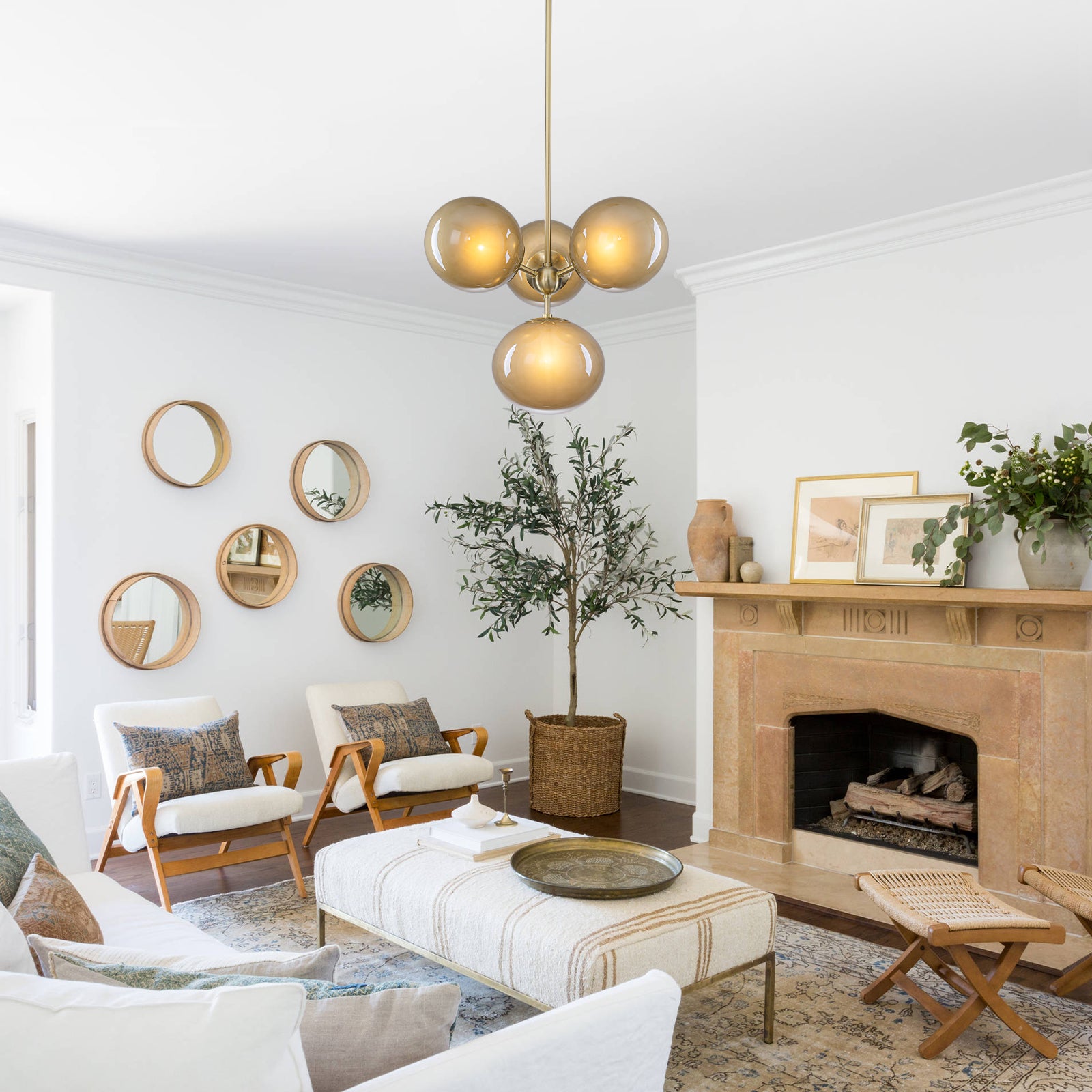4/7-Light Mid-Century Modern Gold Cluster Chandelier with Coffee Globe Glass Shades