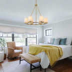 26 in. 6-Light Modern Brass Metal Chandelier with Cylinder Glass Shades for Kitchen Island, Dining Room