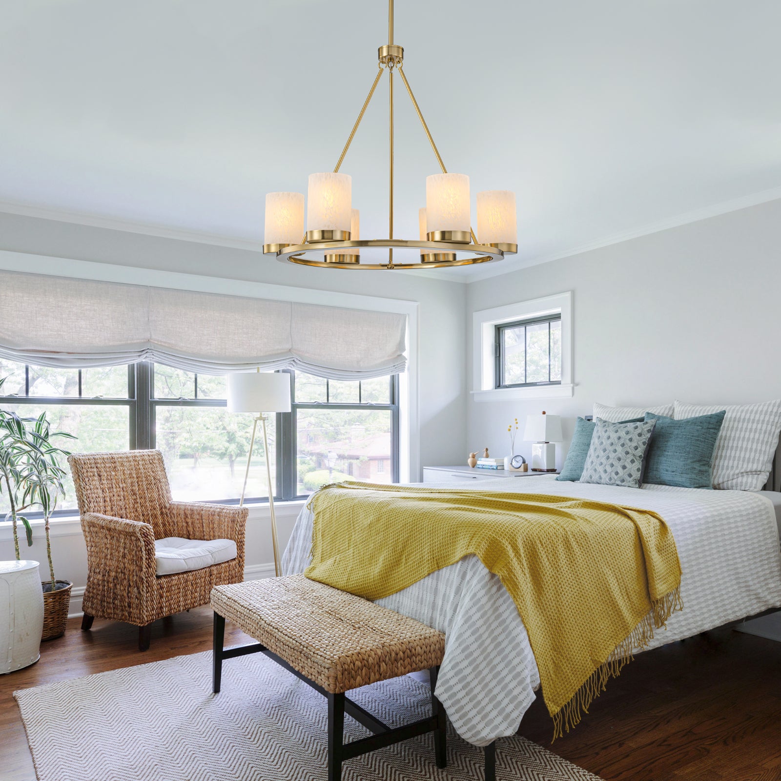 26 in. 6-Light Modern Brass Metal Chandelier with Cylinder Glass Shades for Kitchen Island, Dining Room