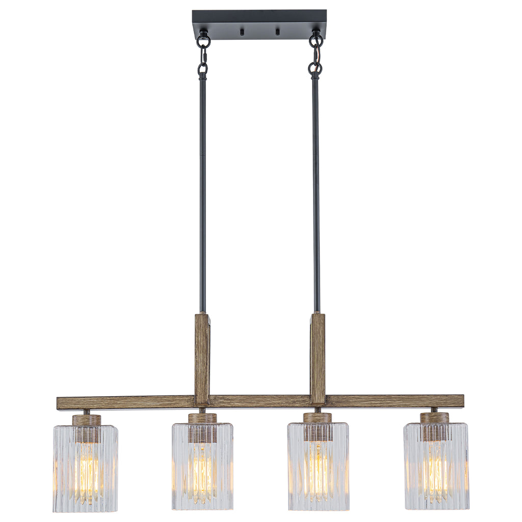 30.5 in. 4-Light Modern Farmhouse Matte Black Linear Chandelier with Faux Wood Accent Island Pendant with Glass Shades