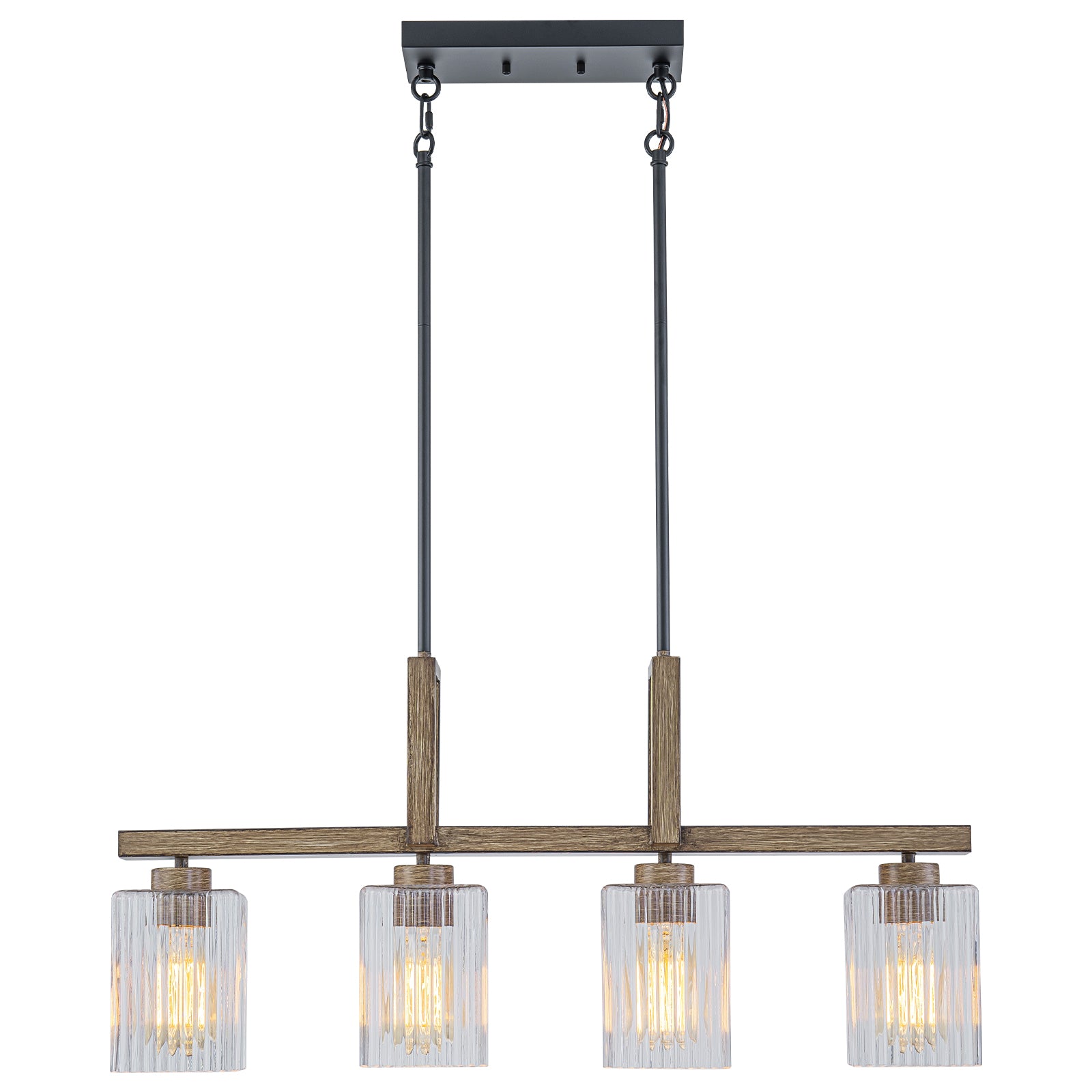 30.5 in. 4-Light Modern Farmhouse Matte Black Linear Chandelier with Faux Wood Accent Island Pendant with Glass Shades