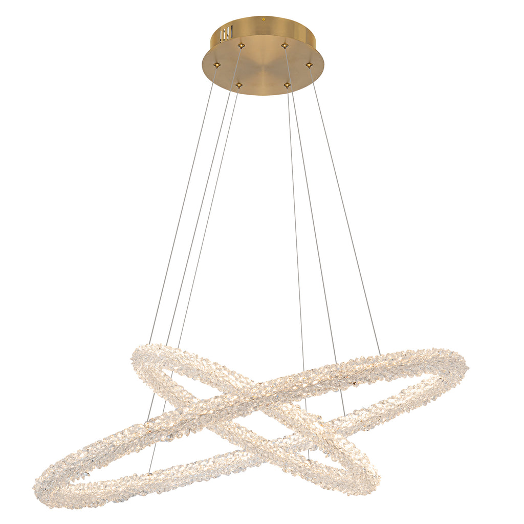 2-Light Modern Gold Double Ring Dimmable Integrated LED Chandelier Tiered Pendant Light with Crystal for Dining Room