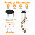 16 in. 6-Light Modern Black Staircase Chandelier Island Pendant Light with Smoky Gray Globe Glass Shade
