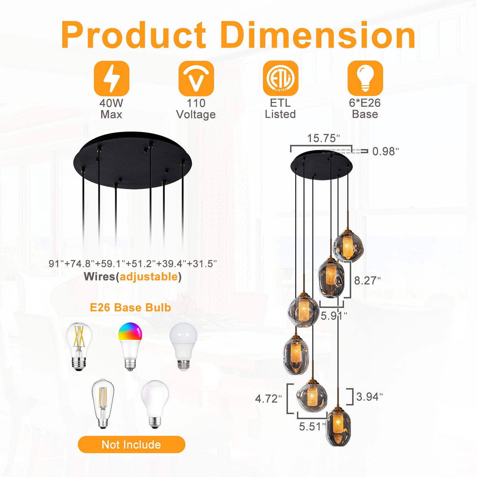 16 in. 6-Light Modern Black Staircase Chandelier Island Pendant Light with Smoky Gray Globe Glass Shade