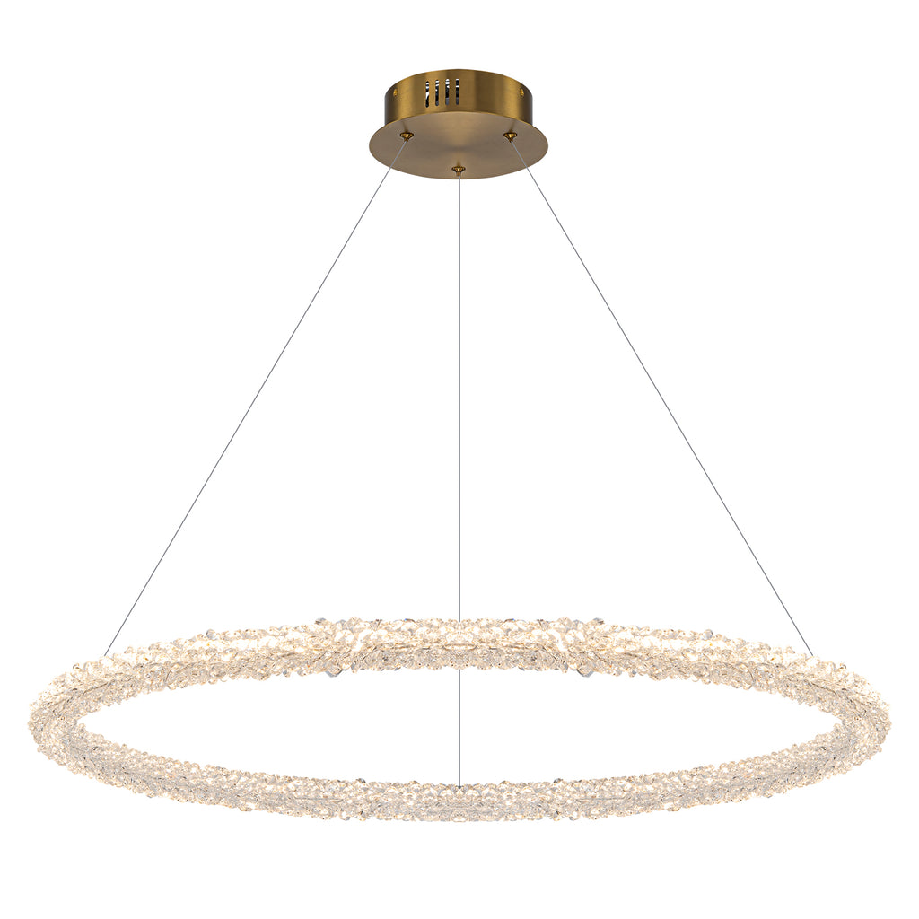 1-Light Modern Gold Metal Ring Crystal Integrated LED Pendant Light Dimmable Chandelier for Dining Room