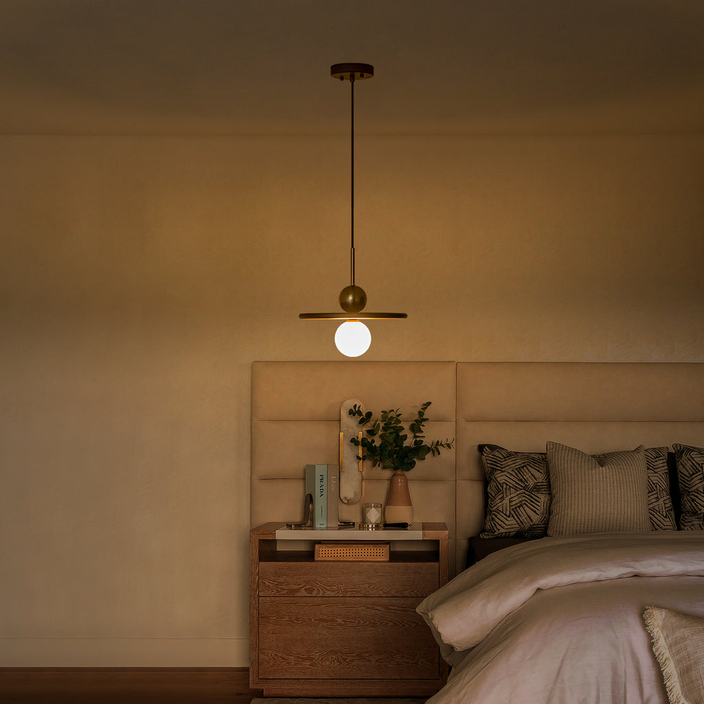 25-Watt 1-Light Modern Gold and Wood Pendant Light with White Globe Glass Shade for Bedroom