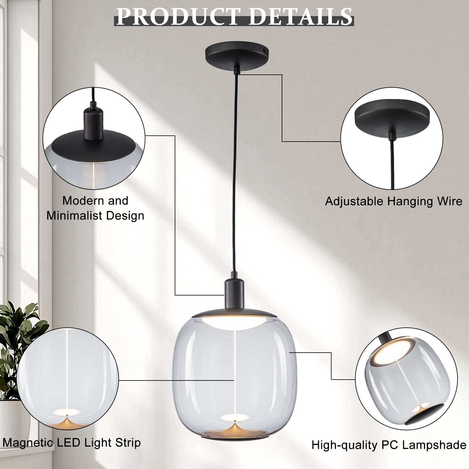 10-Watt 1-Light Modern Dimmable Integrated LED Pendant Light with Drum Shade for Kitchen Island