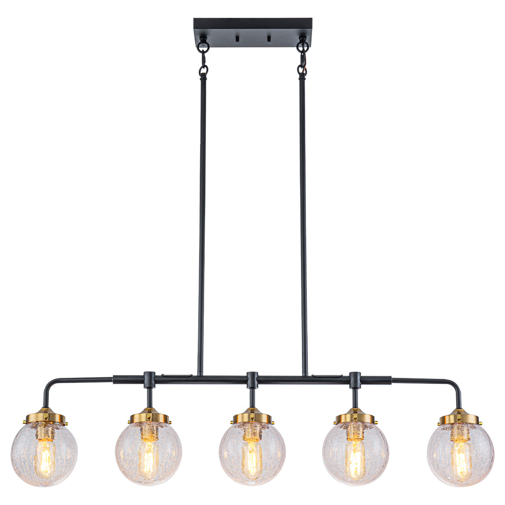 38 in. 5-Light Modern Matte Black Linear Pendant Light with Clear Globe Crackled Glass Shades Island Chandelier