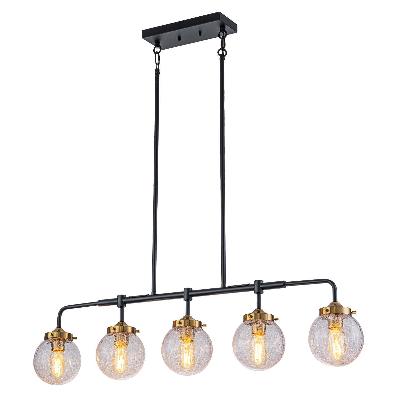38 in. 5-Light Modern Matte Black Linear Pendant Light with Clear Globe Crackled Glass Shades Island Chandelier