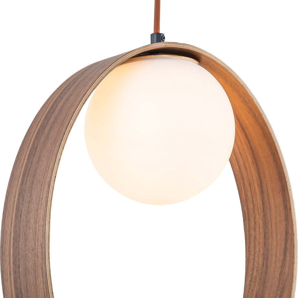 12 in. 1-Light Modern Walnut Oval Globe Pendant Light with White Glass Shade for Dining Room, Kitchen Island