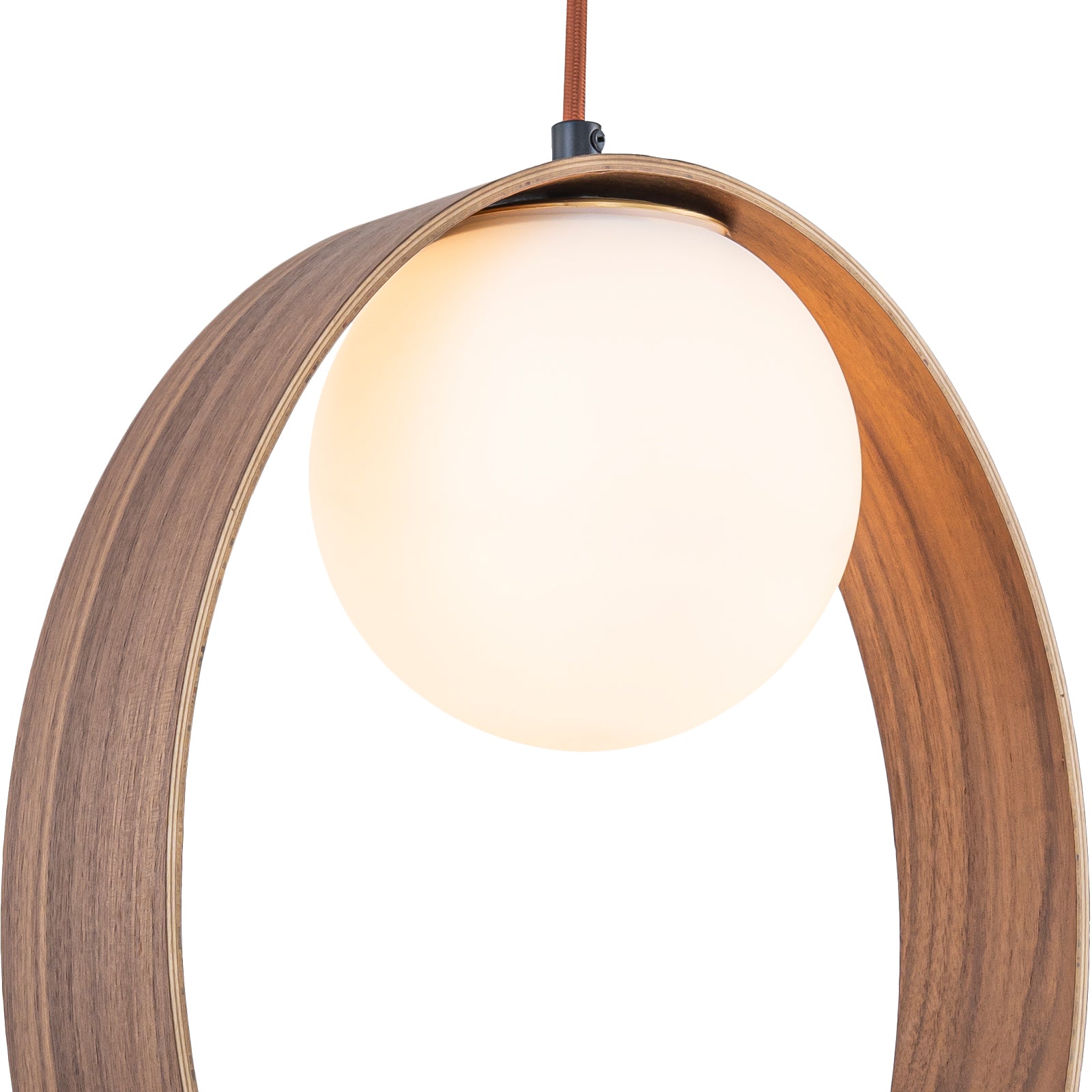 12 in. 1-Light Modern Walnut Oval Globe Pendant Light with White Glass Shade for Dining Room, Kitchen Island