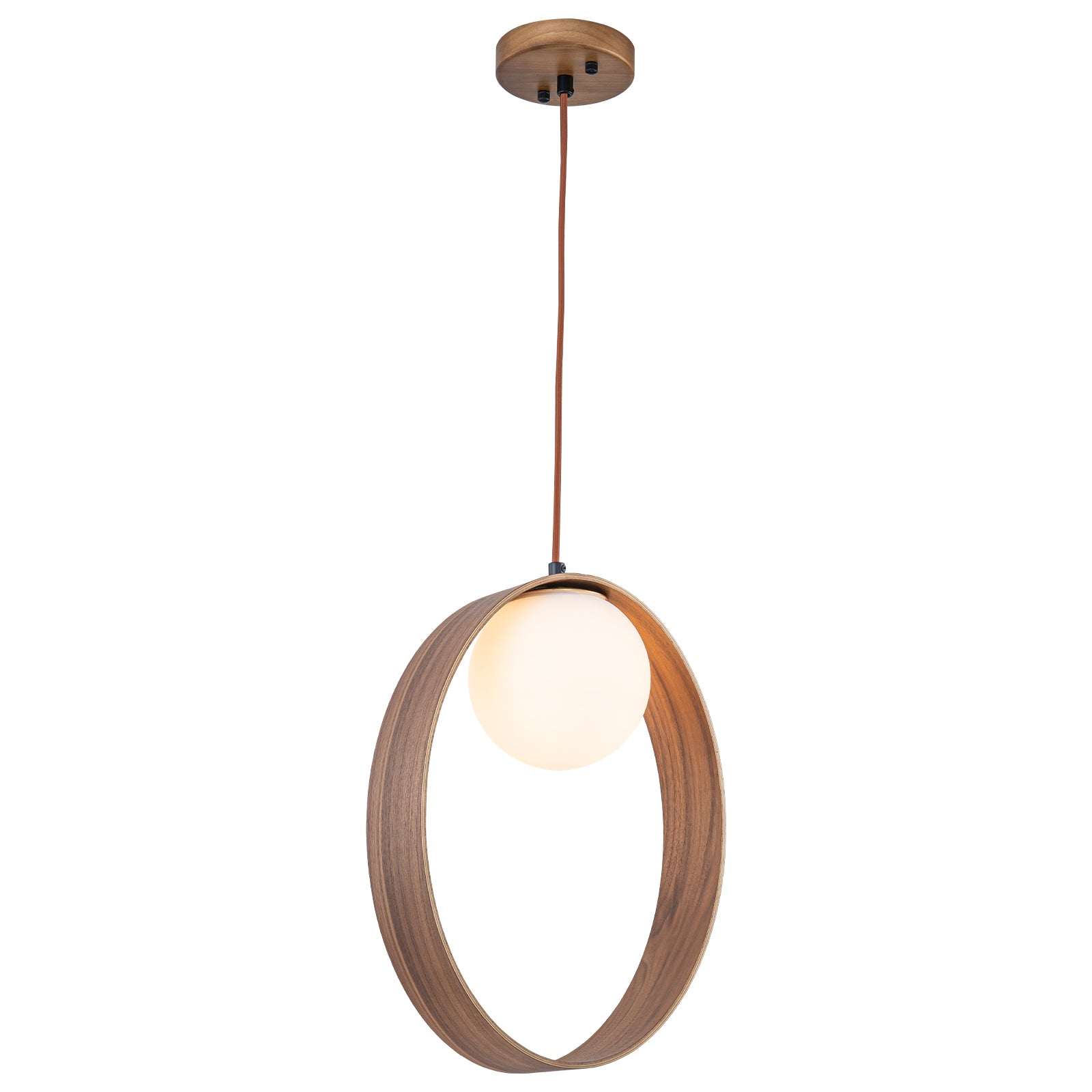 12 in. 1-Light Modern Walnut Oval Globe Pendant Light with White Glass Shade for Dining Room, Kitchen Island