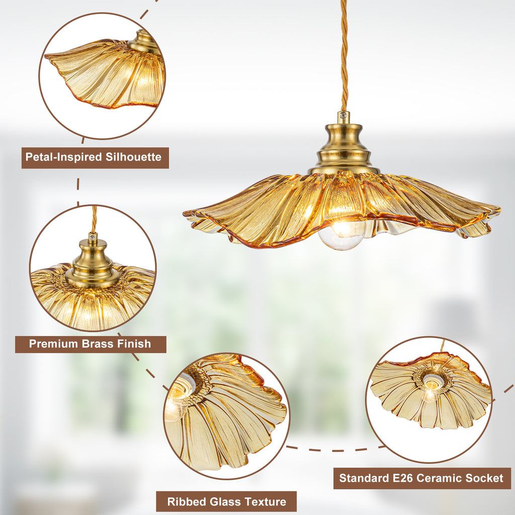 11.02 in. 1-Light Modern Pink Hanging Pendant Light with Flower Shaped Glass Shade for Bedroom, Kitchen Island