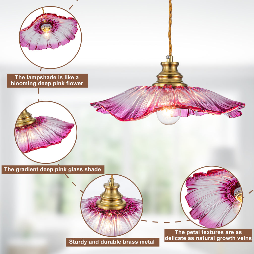 11.02 in. 1-Light Modern Pink Hanging Pendant Light with Flower Shaped Glass Shade for Bedroom, Kitchen Island