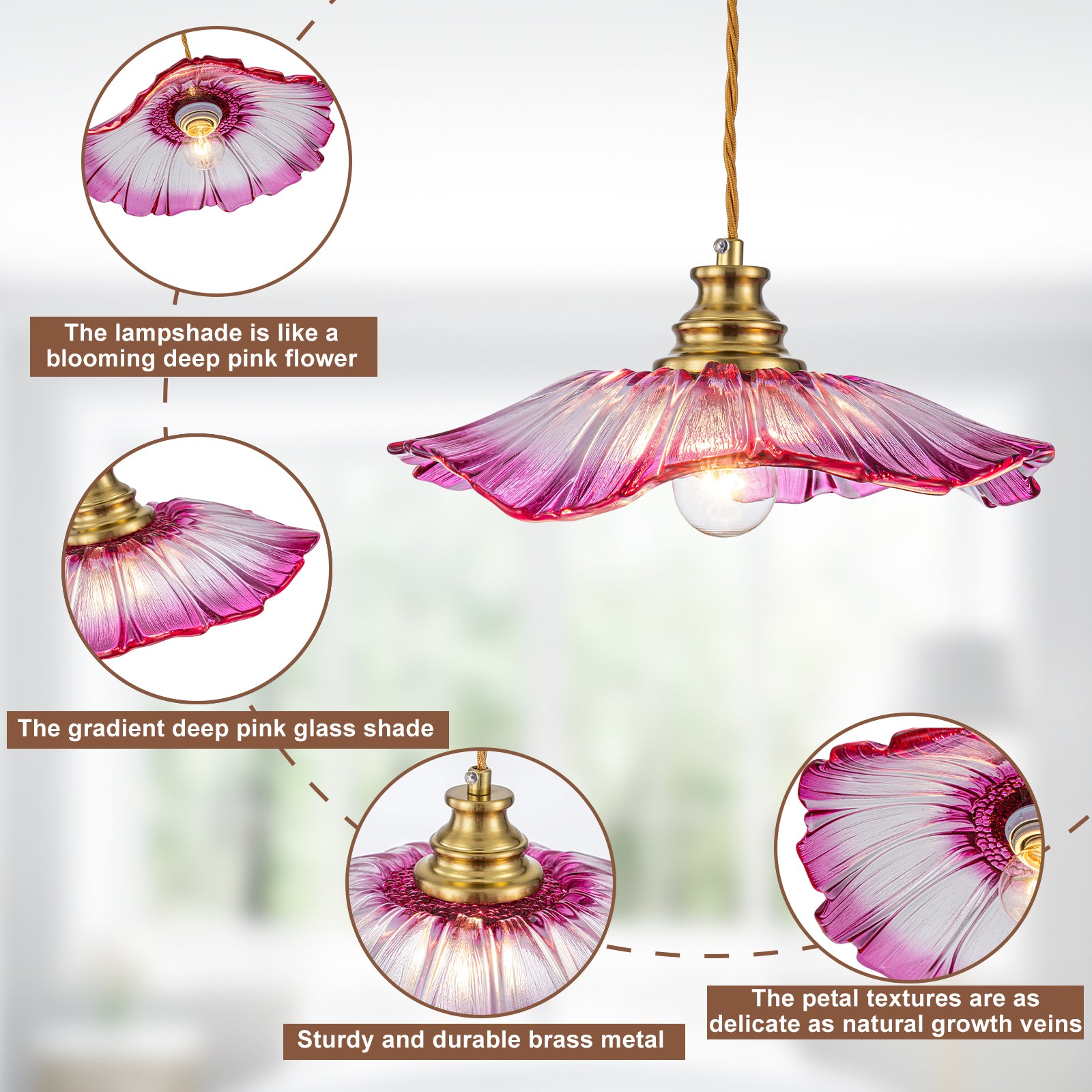 11.02 in. 1-Light Modern Pink Hanging Pendant Light with Flower Shaped Glass Shade for Bedroom, Kitchen Island