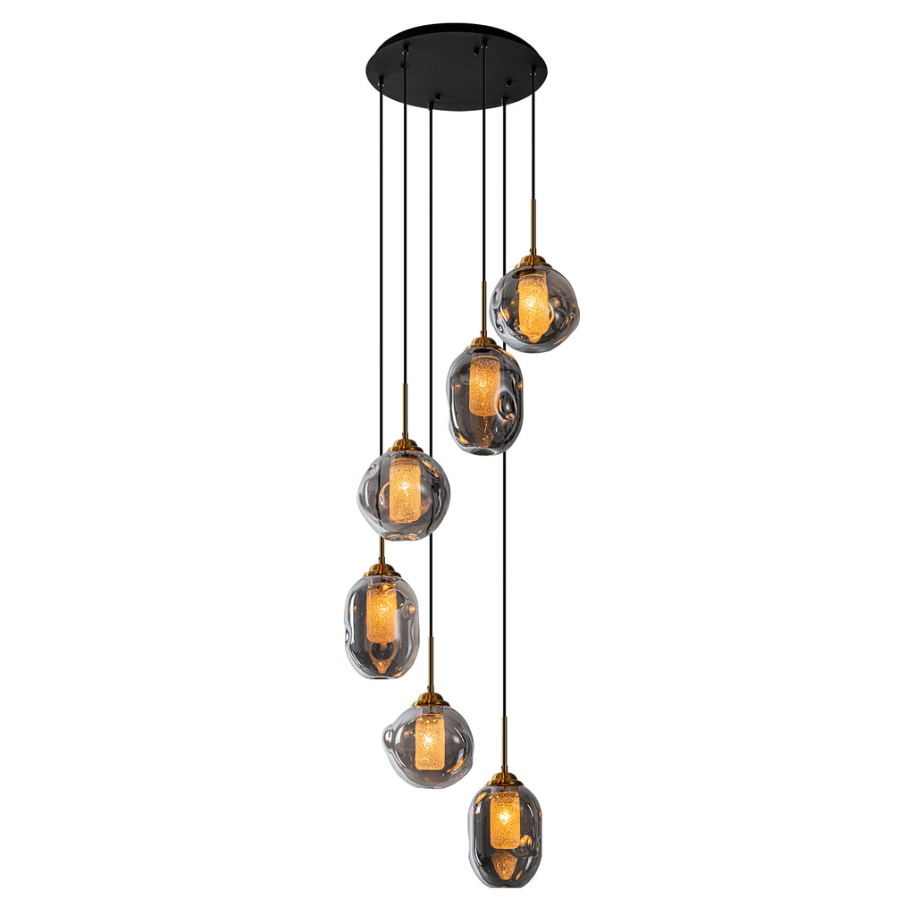 16 in. 6-Light Modern Black Staircase Chandelier Island Pendant Light with Smoky Gray Globe Glass Shade